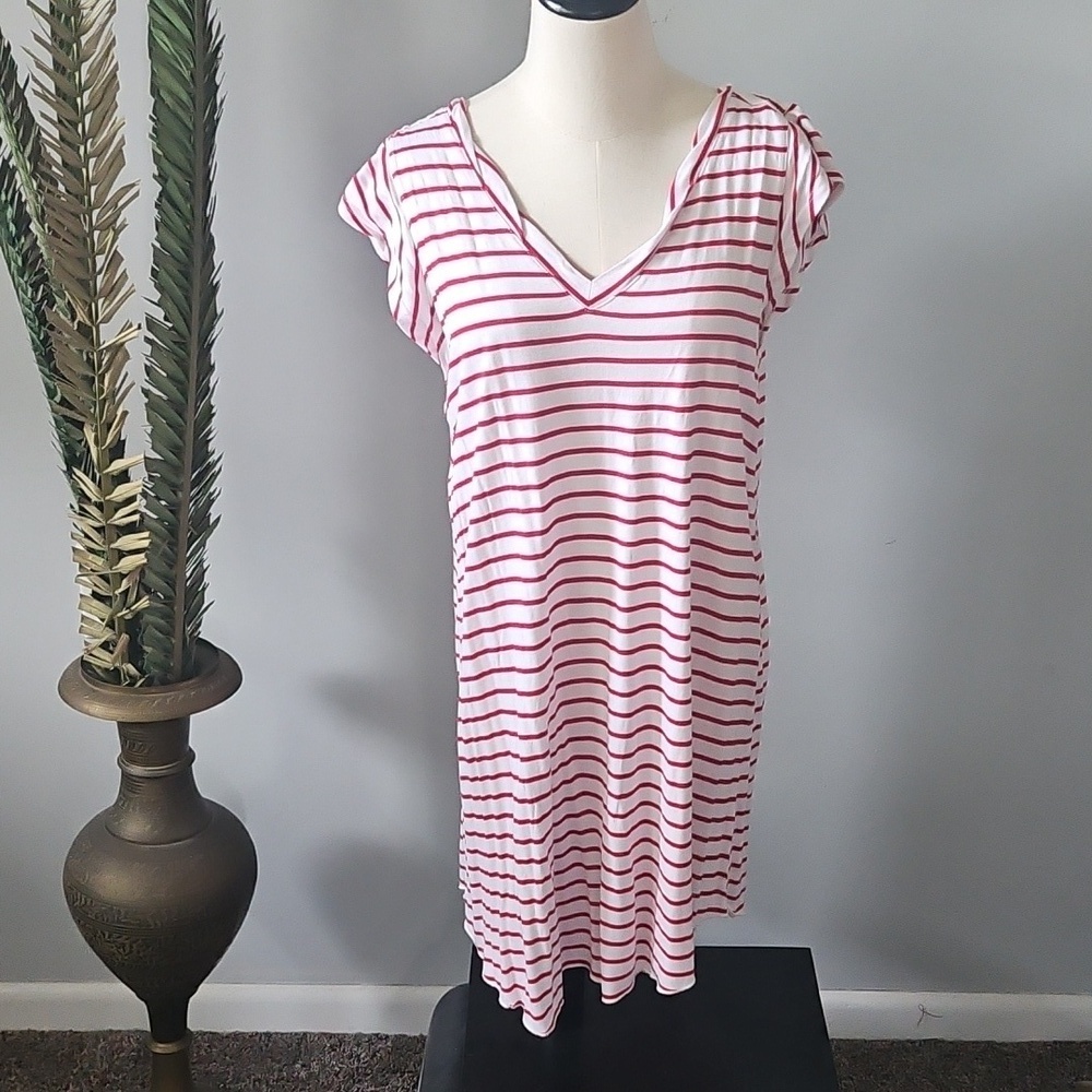 ellos Red and White Striped Double V-Neck Top NWT